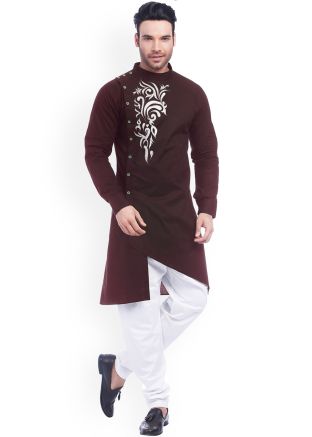 Maroon Embroidered Readymade Kurta Pajama In Cotton