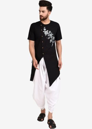 Black Readymade Asymmetric Cotton Kurta With Dhoti