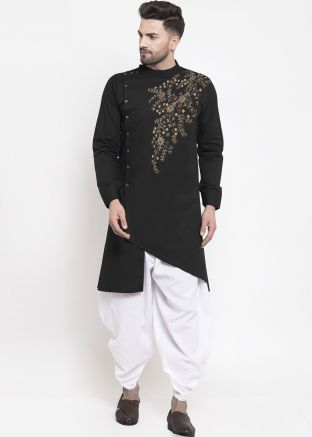 Readymade Black Asymmetric Dhoti Kurta With Embroidery