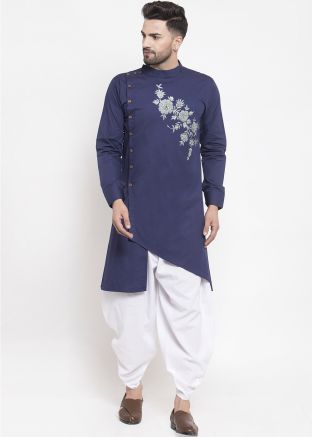 Readymade Blue Asymmetric Dhoti Kurta With Thread Embroidery