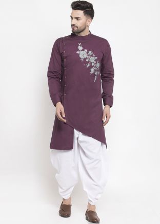 Purple Readymade Dhoti Kurta With Thread Embroidery