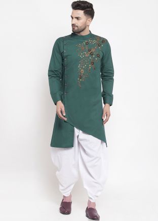 Green Readymade Cotton Dhoti Kurta With Embroidery