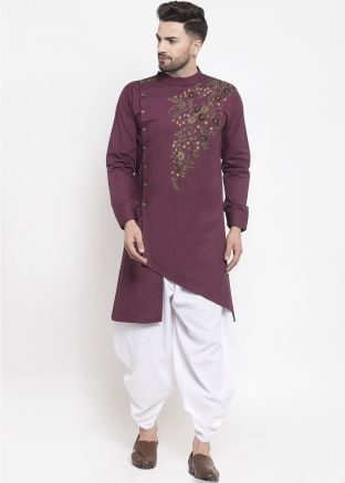 Purple Readymade Cotton Dhoti Kurta With Embroidery