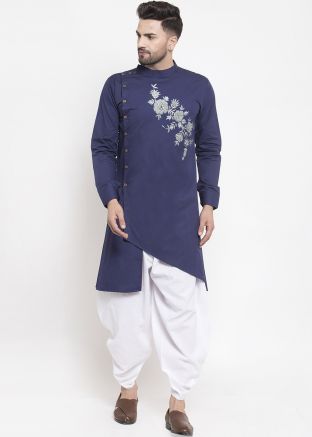 Blue Thread Embroidered Readymade Kurta With Dhoti
