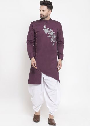 Purple Thread Embroidered Readymade Kurta With Dhoti