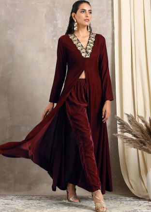 Maroon Embroidered Long Tunic & Pant In Velvet