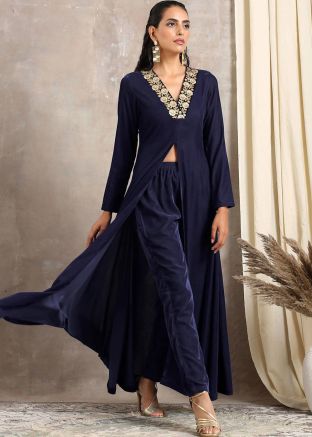 Blue Velvet Long Tunic With Pant