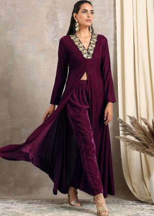 Purple Readymade Long Tunic & Pant In Velvet