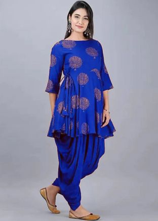 Blue Reyon Printed Kurta & Dhoti