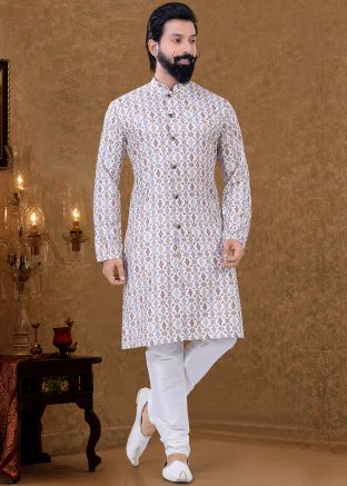 Readymade White Printed Kurta Pajama Set