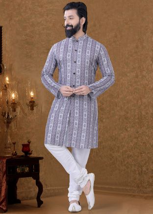 Grey Printed Front Buttoned Kurta Pajama