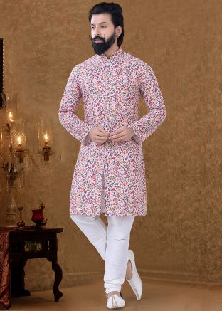 White Floral Printed Cotton Kurta Pajama Set