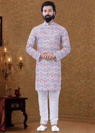 Readymade White Kurta Pajama In Printed Designs