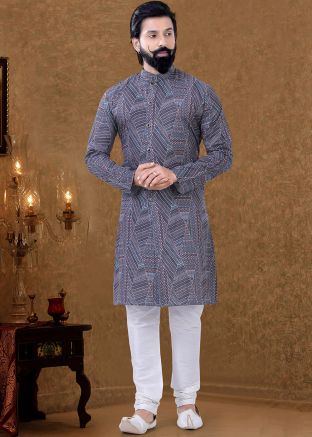 Grey Printed Cotton Kurta Pajama Set