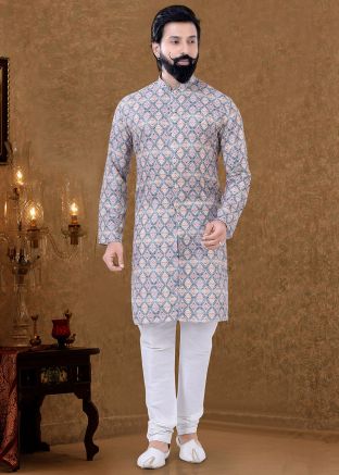 Mens Green Printed Style Kurta Pajama Set