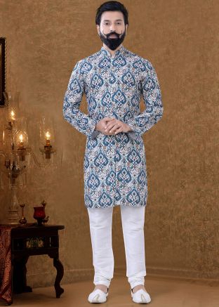 White Printed Style Kurta With Churidar