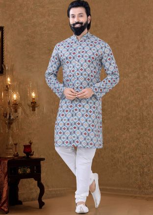 Mens Blue Kurta Pajama In Printed Designs