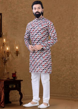 Grey Printed Kurta Churidar Set in Cotton