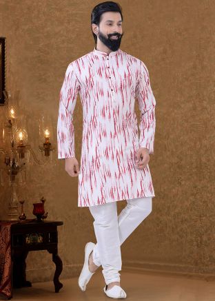 Readymade White Kurta Churidar In Tie-Dye Print
