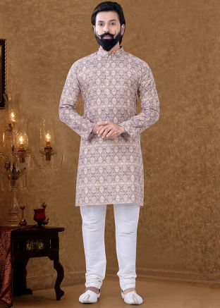 Brown Printed Readymade Kurta Pajama Set