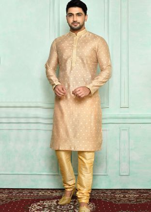 Beige Mens Kurta Pajama With Woven Motifs 
