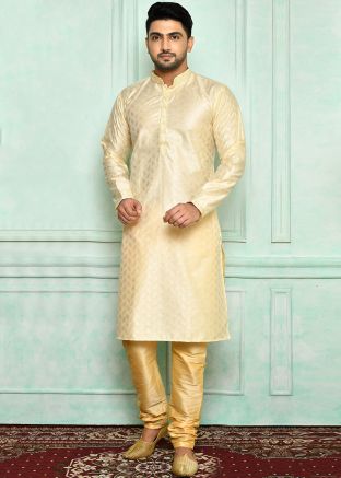 Cream Brocade Mens Kurta Pajama With Woven Details