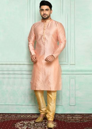 Peach Woven Mens Kurta Pajama Set In Brocade