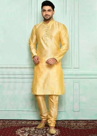 Golden Mens Art Silk Kurta Pajama With Woven Work