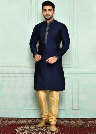 Blue Brocade Mens Kurta Pajama With Woven Motifs