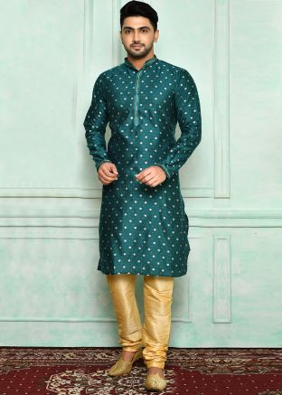 Green Mens Woven Kurta Pajama In Brocade 