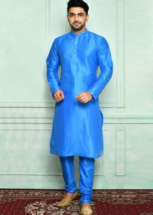 Blue Plain Kurta & Pajama Set In Art Silk