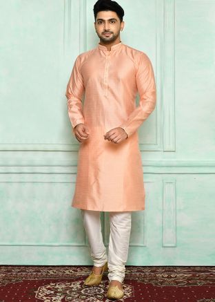 Peach Art Silk Mens Kurta Pajama With Woven Motifs