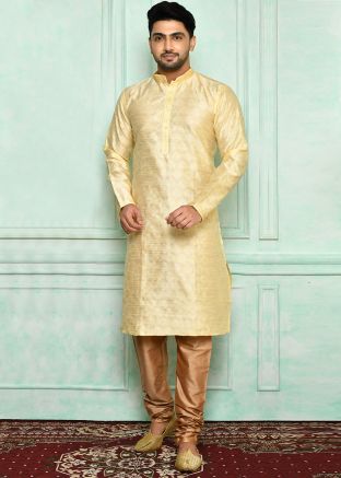 Cream Brocade Kurta & Pajama Set With Woven Motifs