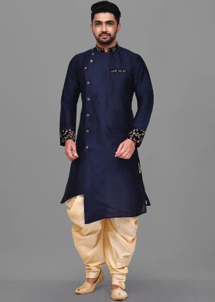 Navy Blue Embroidered Dhoti With Asymmetric Kurta