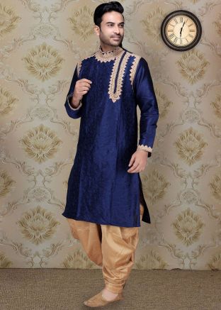 Navy Blue Readymade Embroidered Kurta With Dhoti