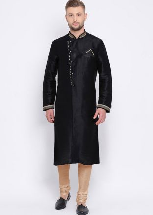 Black Laced Dupion Silk Kurta With Pajama