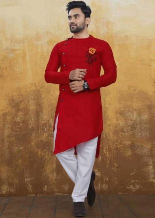 Red Embroidered Asymmetric Kurta With Pajama