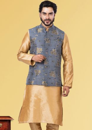 Grey Mens Woven Nehru Jacket In Jacquard