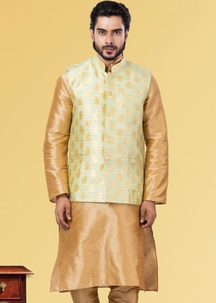 Green Readymade Nehru Jacket With Woven Work