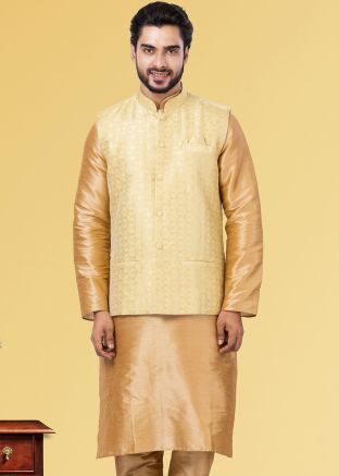 Cream Mens Jacquard Nehru Jacket With Woven Motifs