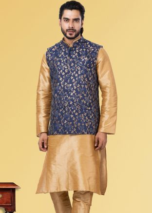 Blue Jacquard Mens Nehru Jacket With Woven Motifs 