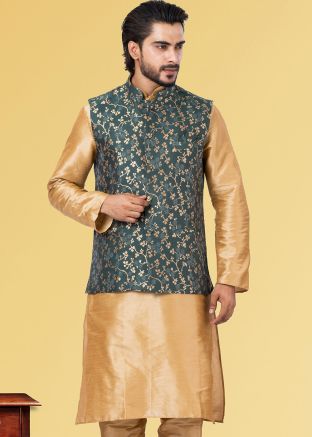 Green Mens Woven Nehru Jacket