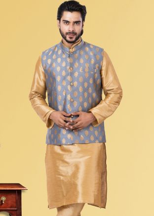 Grey Mens Nehru jacket With Woven Motifs