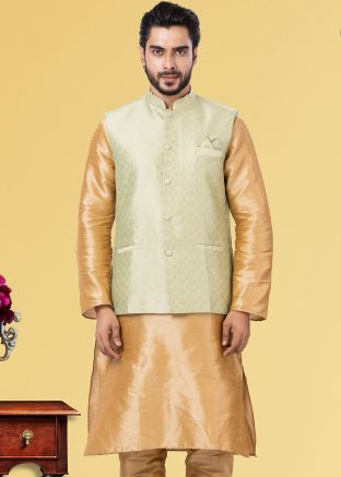 Green Woven Mens Nehru Jacket
