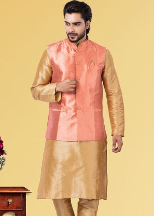 Peach Mens Readymade Woven Nehru Jacket