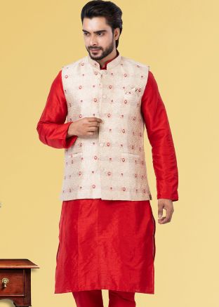 Cream Woven Readymade Nehru Jacket