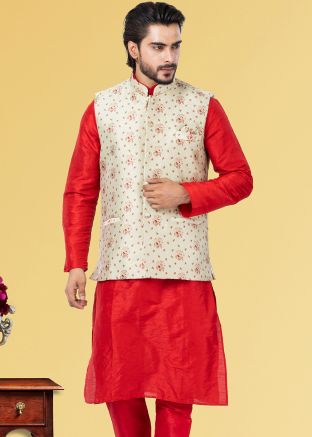 Cream Floral Nehru Jacket With Woven Motifs