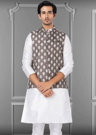 Brown Mens Nehru Jacket With Woven Work