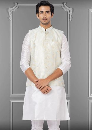 Shaded White & Blue Nehru Jacket With Woven Detailings