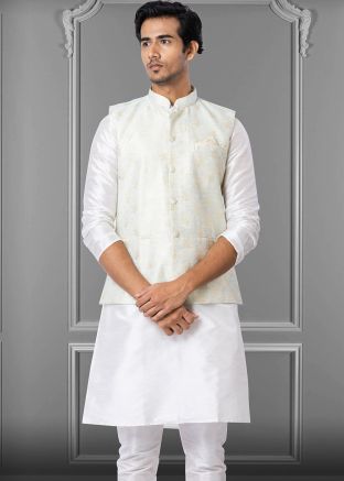 Shaded White & Blue Foil Printed Nehru Jacket In Linen